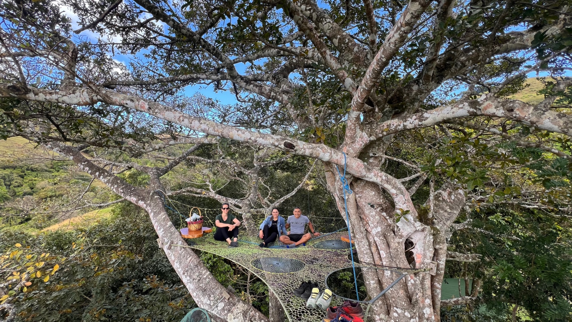 Vista del valle y las montañas desde las redes del árbol de Nangú