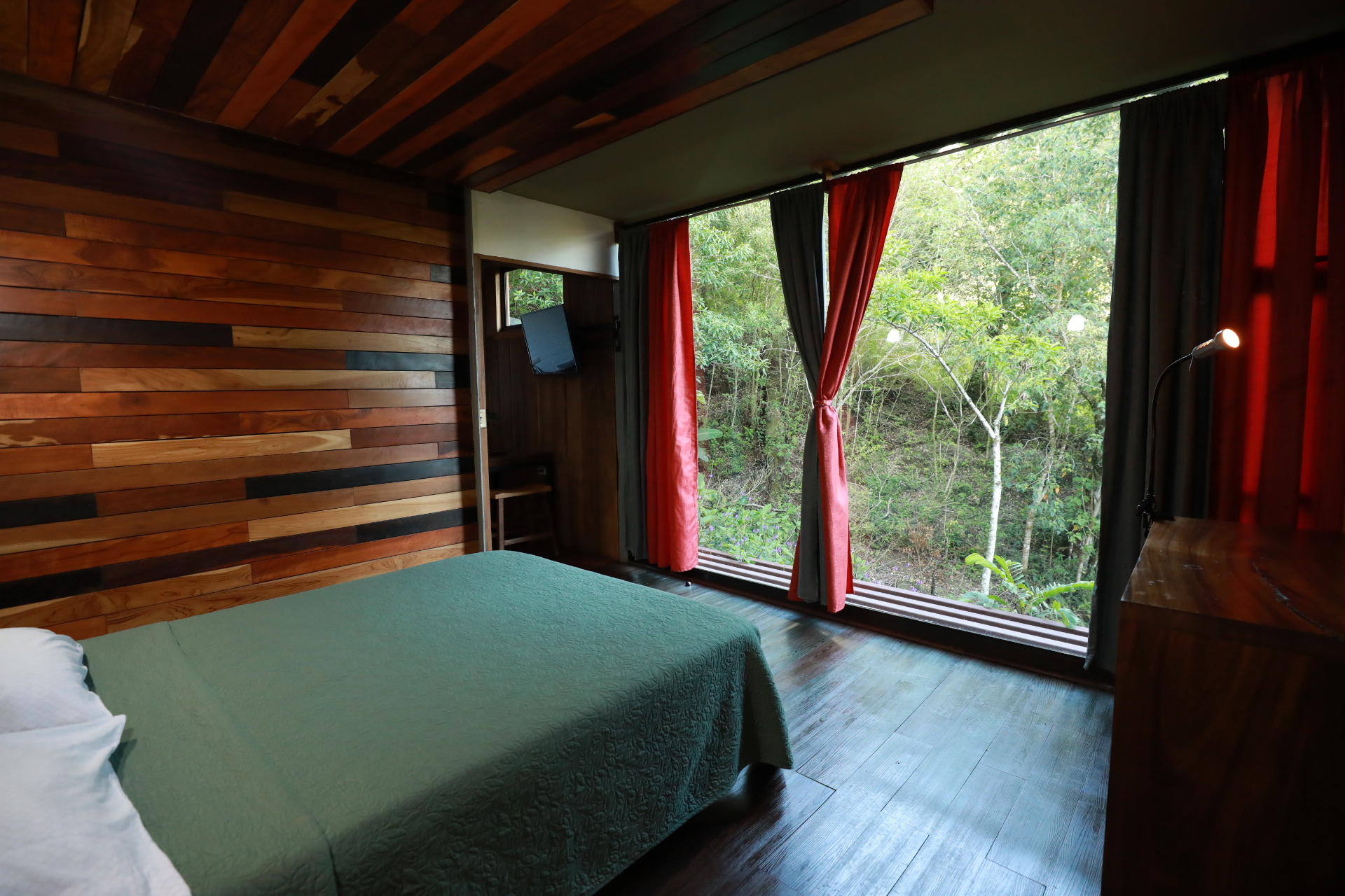 Dormitorio del Studio Carambola con cama queen, pared de maderas y ventanal al bosque